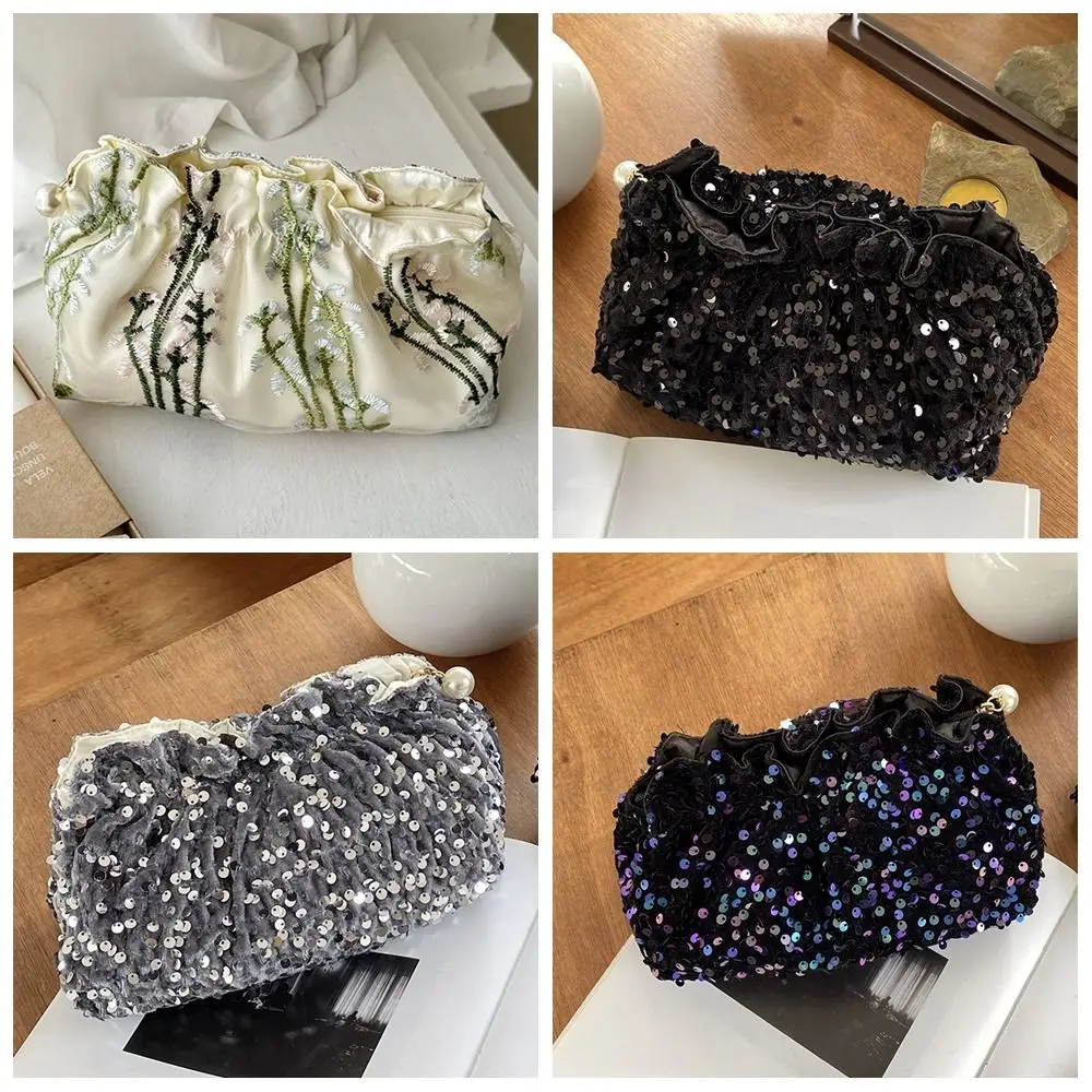 Purse Embroidery Lace Makeup Bag Pearl Large Capacity Velvet Sequin Cosmetic Bag Multifunctional Clutch Bag Skincare Storage Bag