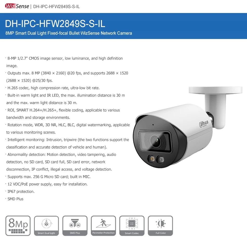 Imagem -02 - Dahua 8mp Câmera ip Ipc-hfw2849s-s-il 4k Inteligente Dupla Luz Bala Wizsense Poe Cor Cheia ir Slot para Cartão sd Construir em Microfone Ivs Ip67