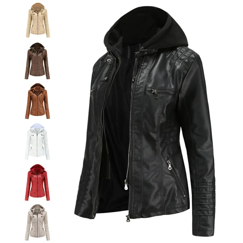 

Hooded Leather Jacket Detachable Hood Large Size Coats Women Spring Autumn PU Washed Stand Collar Commuting Style No-iron 4XL