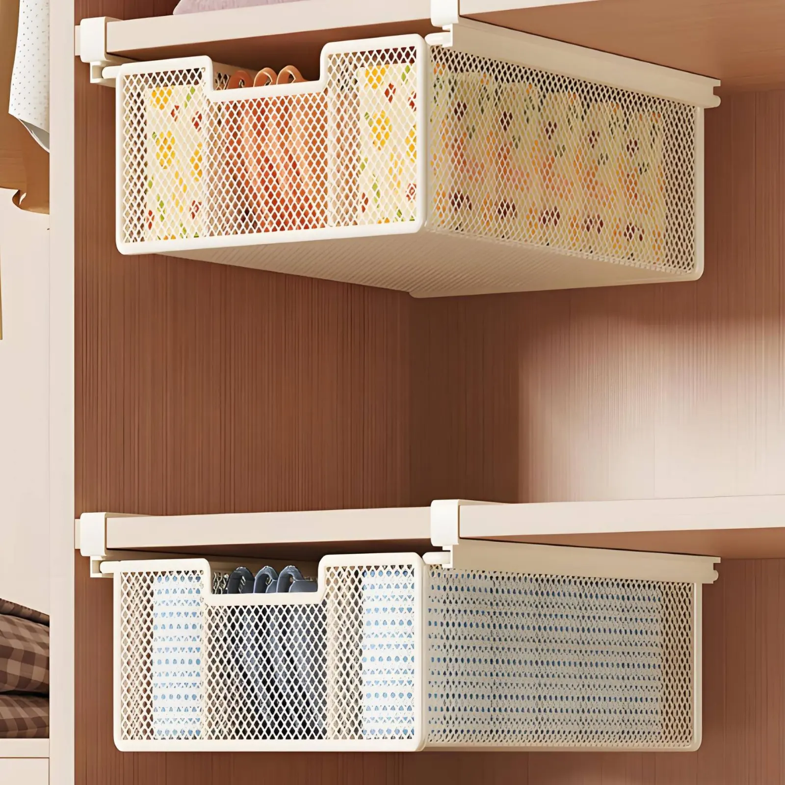 4 Pieces Closet Hanging Storage Bin Long-Lasting Wardrobe Mesh Basket Under Shelf Wire Basket Ventilated Multi-Purpose