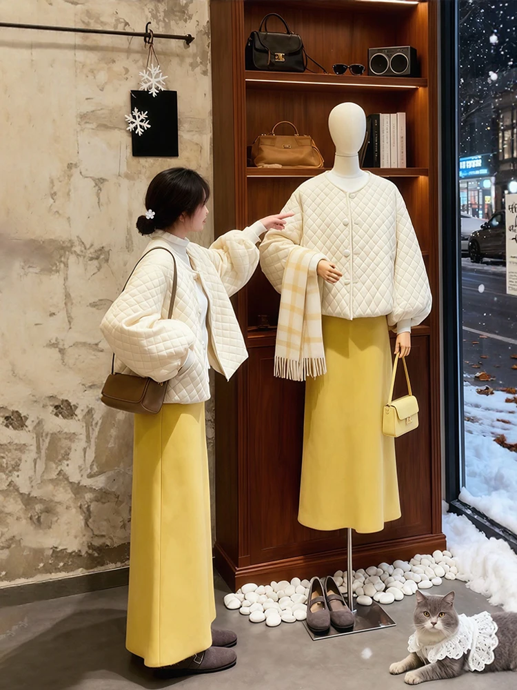 

Korean Sle Winter Faion plus Size Tee Piece Set Quilted Cotton Jaet And Skirt Combo Warm Casual Wear for Women