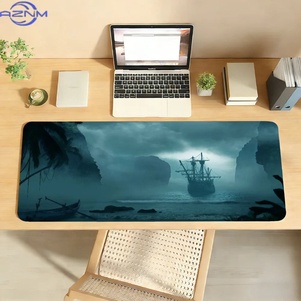 Alfombrilla de ratón con diseño de barco pirata, antideslizante, con borde de bloqueo, accesorios para PC y portátil, alfombrill