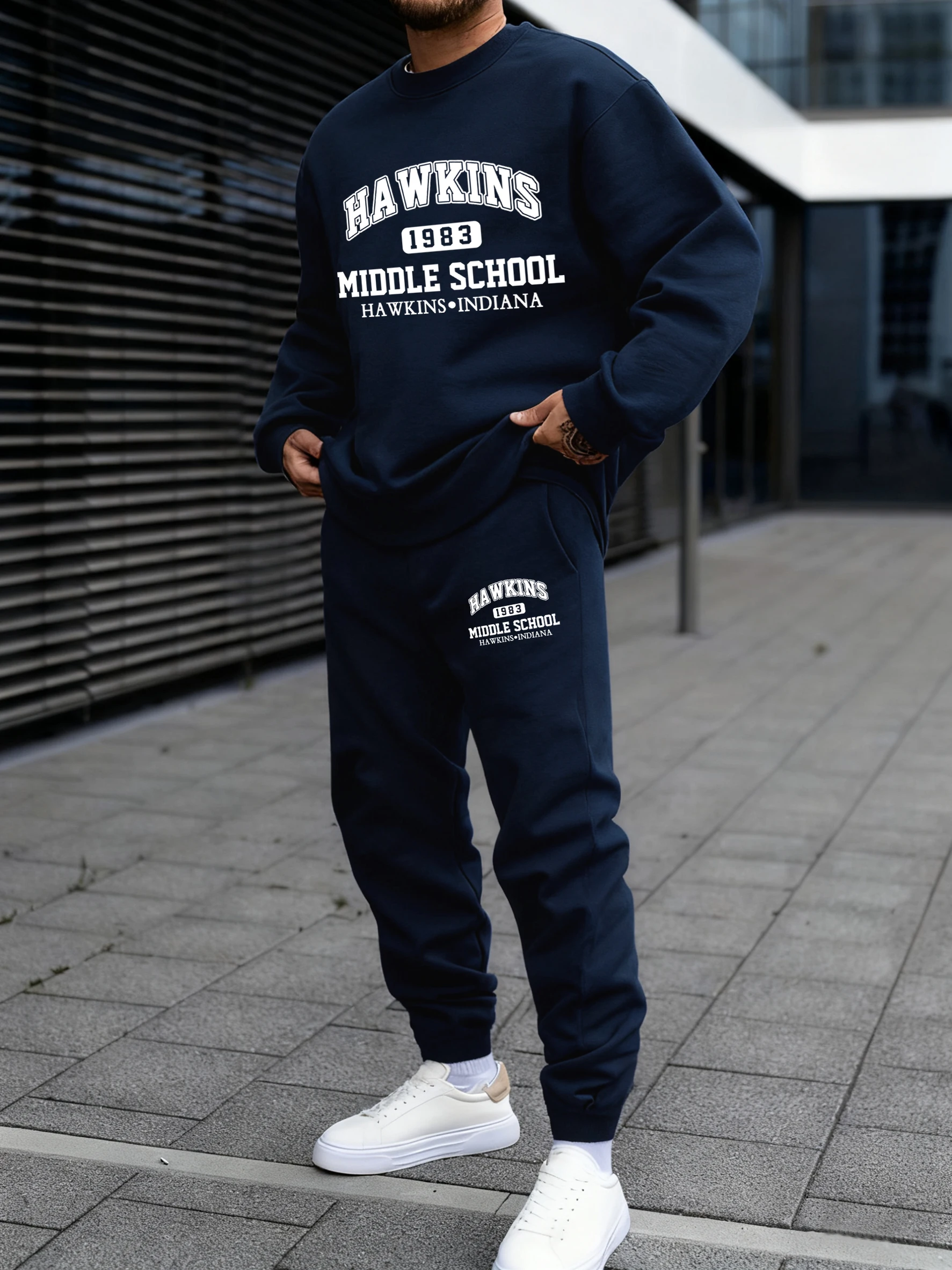 

Hawkins Middle School Print Mens Sweatshirt Suit Soft Casual Sportset Pants Loose Autumn Streetwear Unisex Warm Fleece Clothes