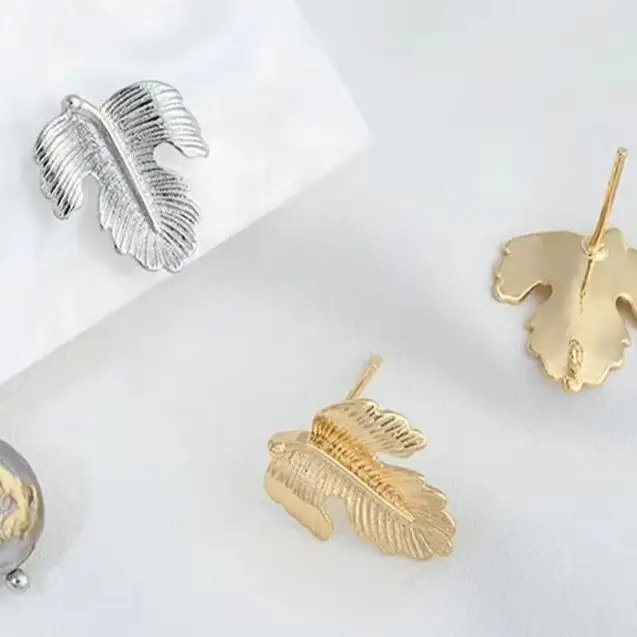 925 Silver Needle 14K Gold Color with Hanging Rings Leaf Stud Accessories DIY Handmade Earrings Ear Jewelry Material E403