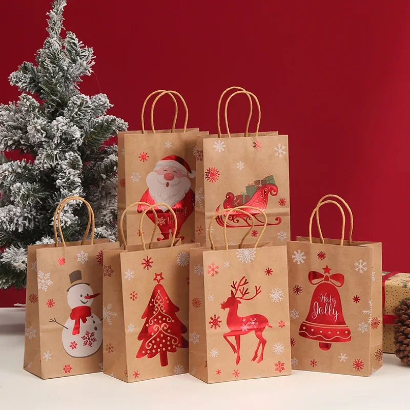 

10/30PCS Handle Christmas Gift DIY Holiday Portable Kraft Paper Bag Xmas Food Snack Sugar Candy Child Present Packaging Pouches