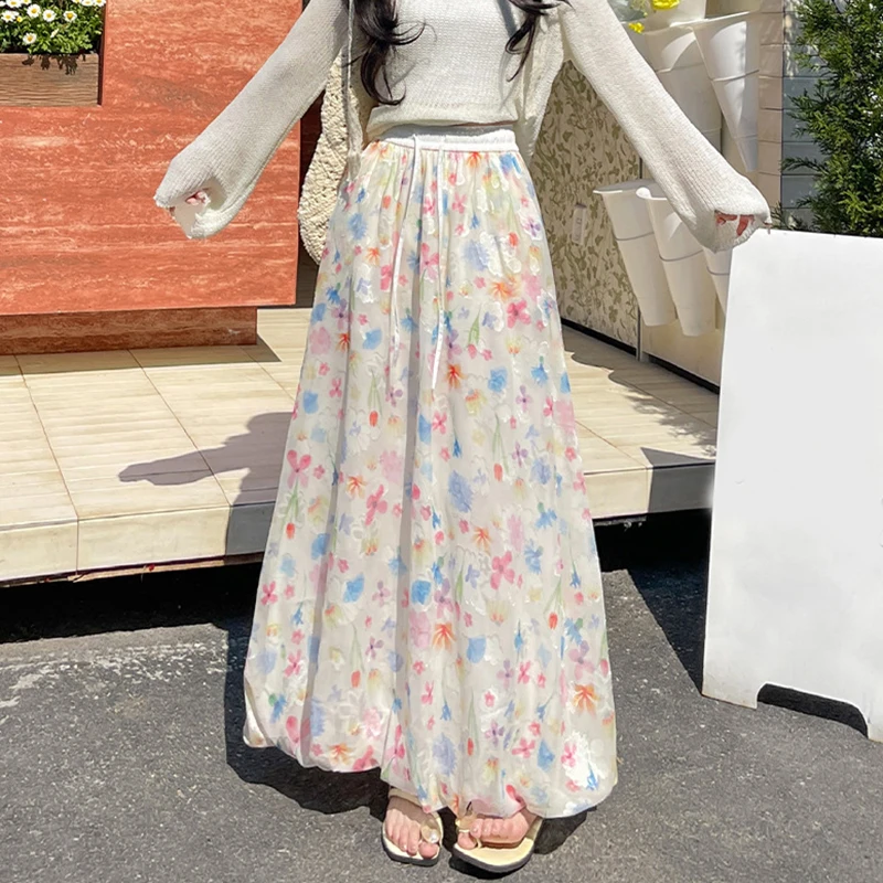 

Sweet Colorful Floral Printed Women Ball Skirt Elegant Elastic Waist A-Line Chiffon Maxi Skirts Chic All-Match Shirring Skirt