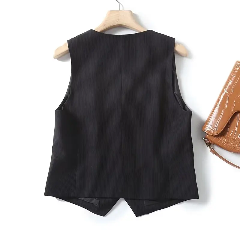 Withered New French Two Pieces Sets Fashion Retro Striped Sleeve Blazers Vest High Waist Straight Suit Pants Women