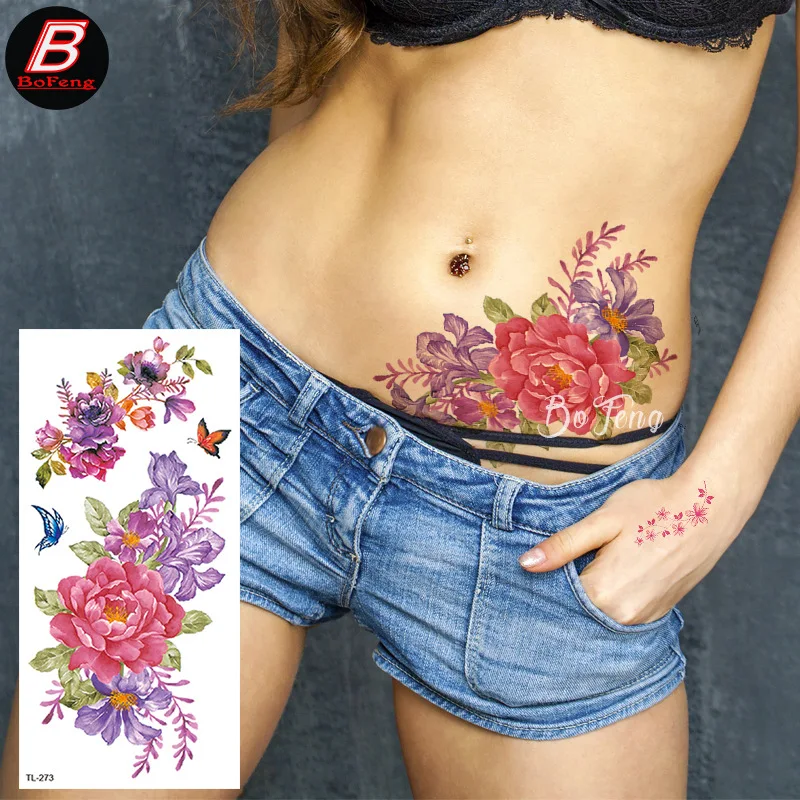 Colorful Flower Temporary Tattoo For Women Girls Rose Peony Waterproof Fake Tattoo Sticker Body Art Sexy Fashion Painted Tattoo