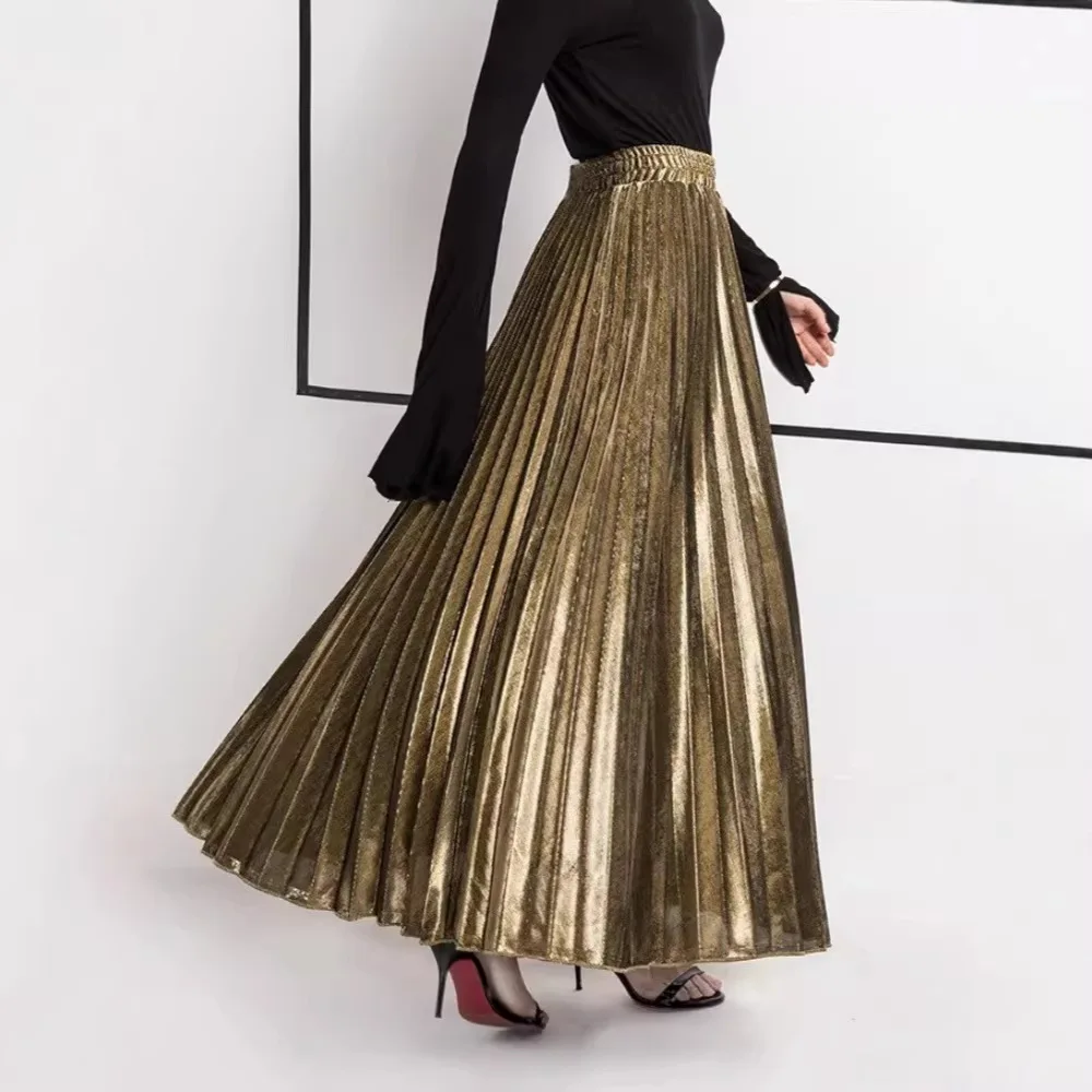 High Waist Elegant Metallic Women's Pleated Skirts 2026 New Solid Korean Casual Loose Straight Long Cake Skirts Female