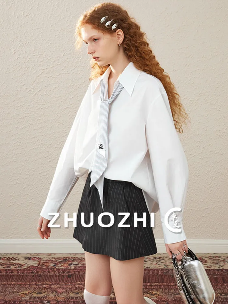 

ZhuoZhi Spring 2026 V-ne Stripe irt Women's Ele Commuting Top Sa French Sle Loose Fit Long Sve Breathable