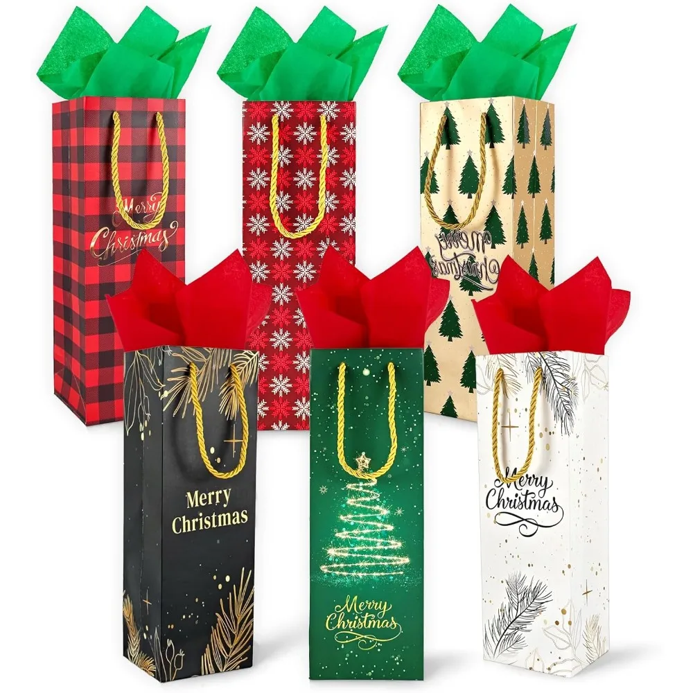 

6 Pack Christmas Wine Gift Bags with Tissue Paper, Holiday Wine Bottles Wrap Bags with Handles for Party Favor Decorati