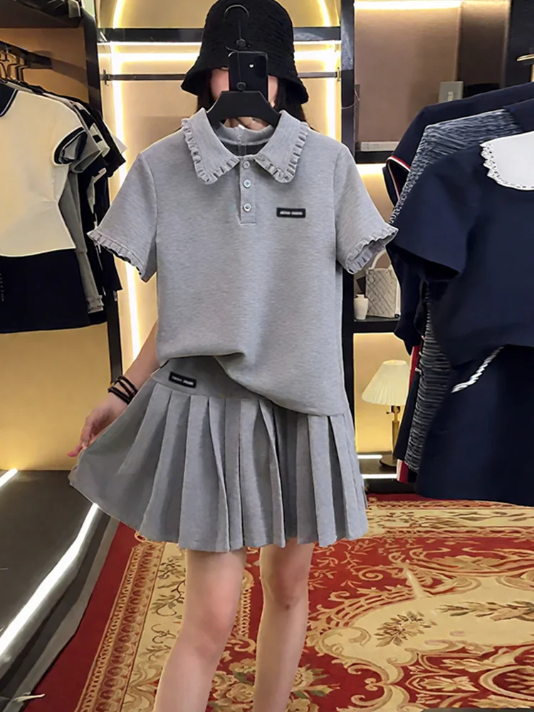 

Summer New Anti-Aging Fashionable Casual Collared Short Sleeve T-Shirt And Pleated Skirt Set Women's Clothing Ensemble