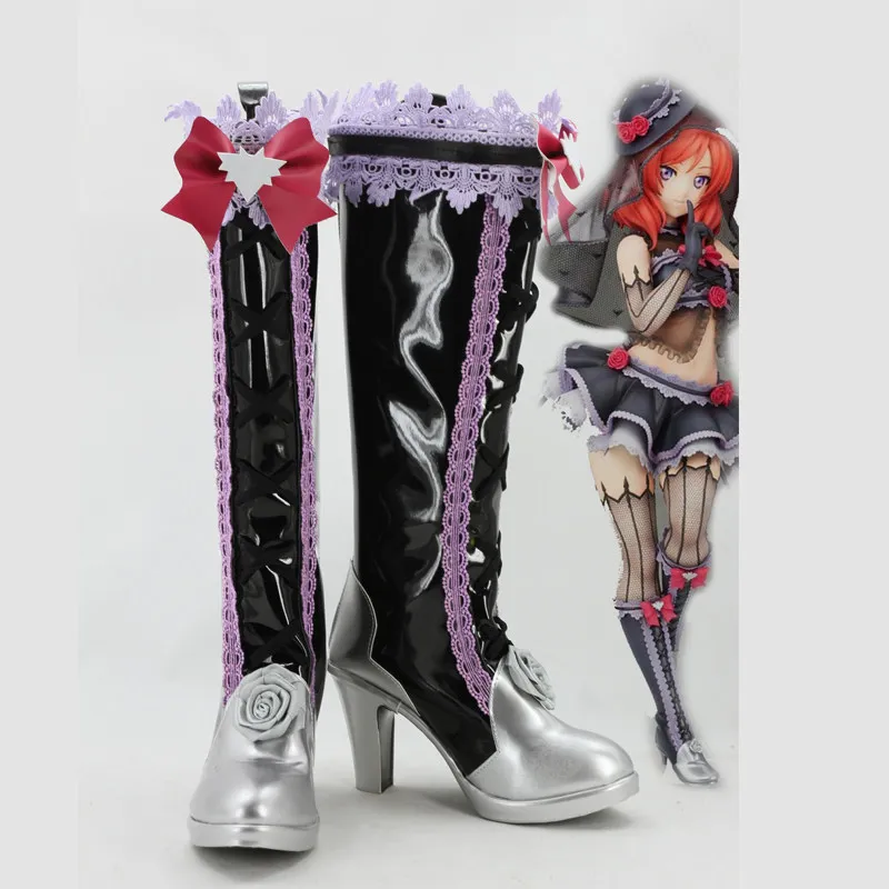 Anime LoveLive!School idol project Maki Nishikino Cosplay Shoes Black Long PU Leather Flat Sole Boots For Halloween Carnival