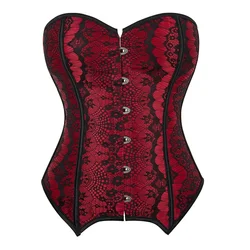 Women's Red Overbust Corsets Plastic Boned Lace Up Bustiers Tops Long Torso Body Shaperwear Waist Trainer