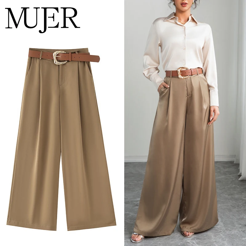 MUJER 2025 Gürtel Baggy Hosen Frau Plissee Breite Bein Hosen für Frauen Satin Hohe Taille frauen Hosen Urlaub Casual Frau Hosen