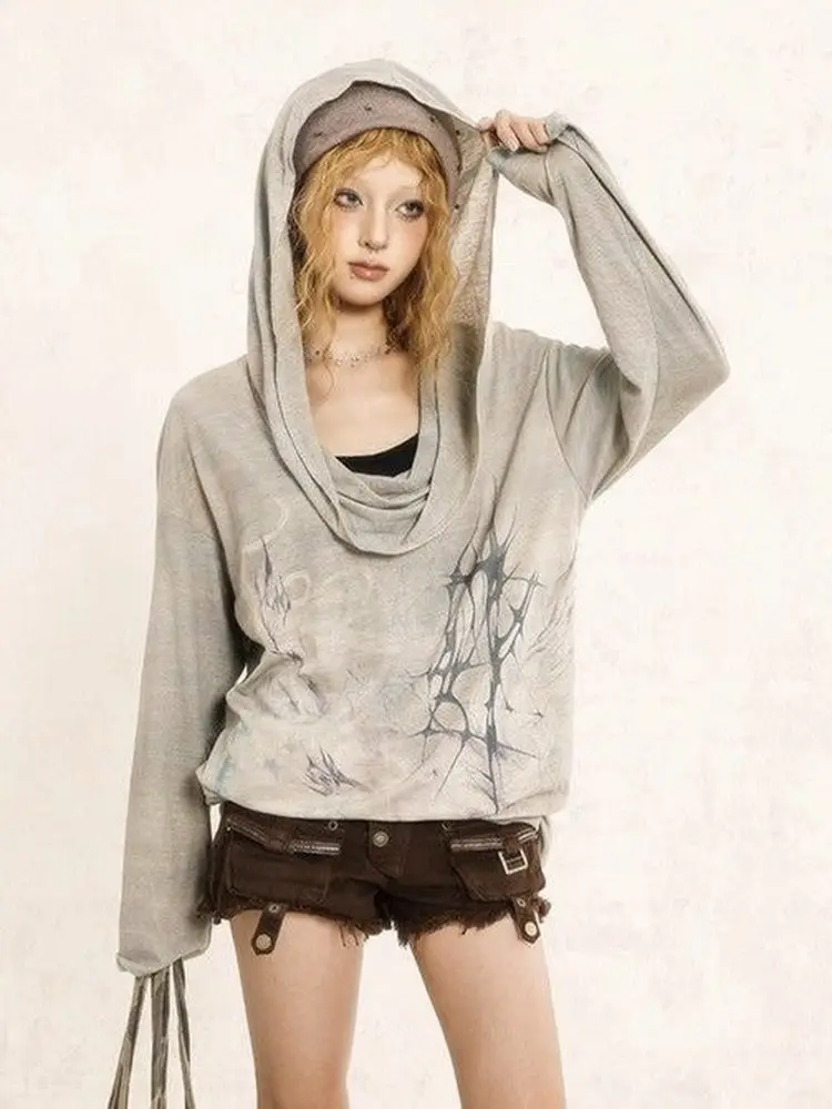 

Ro Punk Y2K Millennium Hot Girl Subculture Visual Series Hooded Long Sve Women's T-irt Casual Slim Fit Faion Top