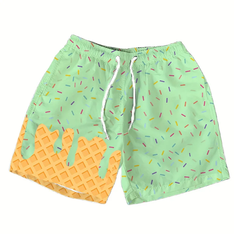 Pantalones cortos de playa con estampado de helado multicolor para hombres y niños, bañadores hawaianos con estampado 3d de dibujos animados, pantalones cortos sueltos de verano