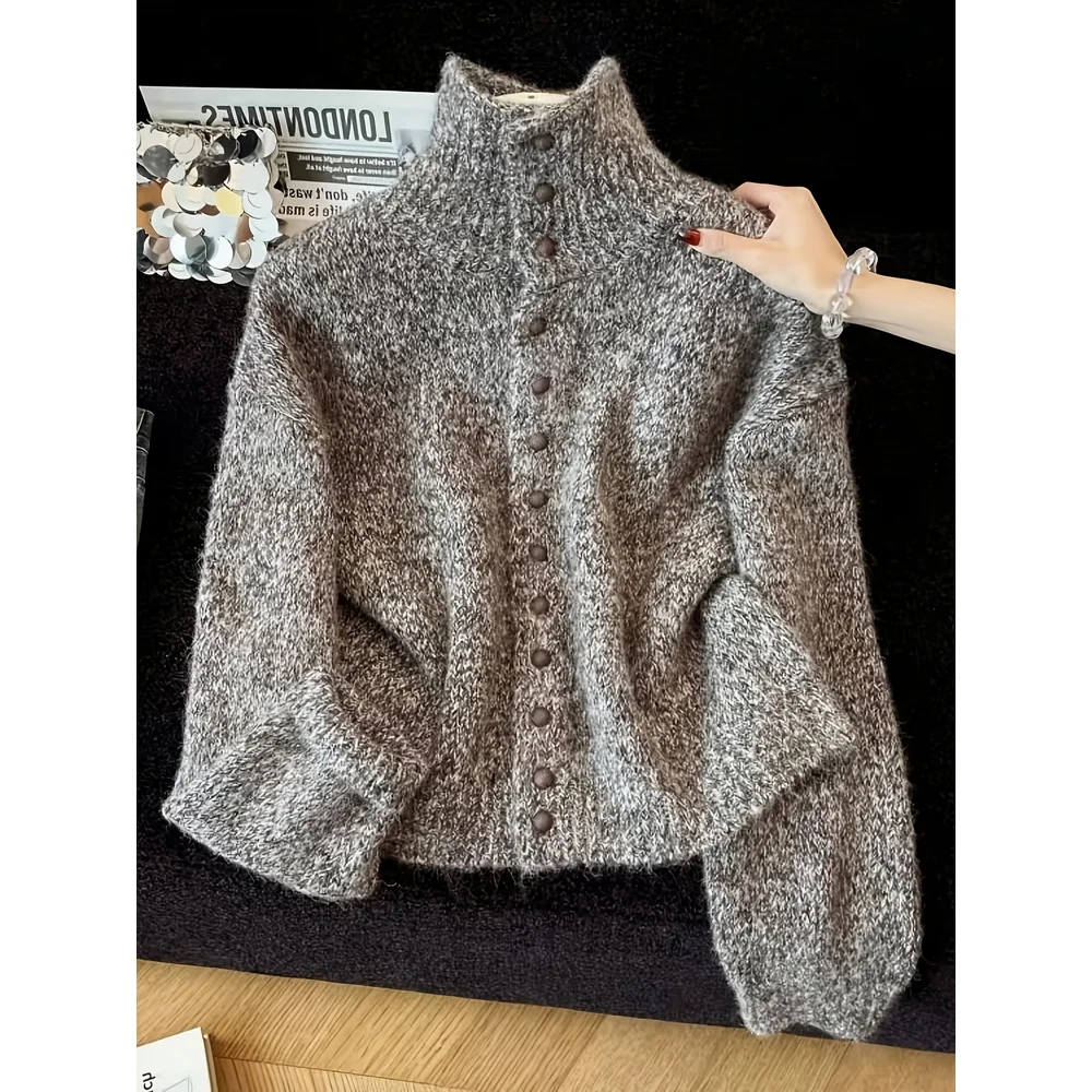 Women Autumn Winter Heathered Yarn Turtleneck Knit Cardigan, Korean Style Vintage Single Breasted Loose Lazy Sweater