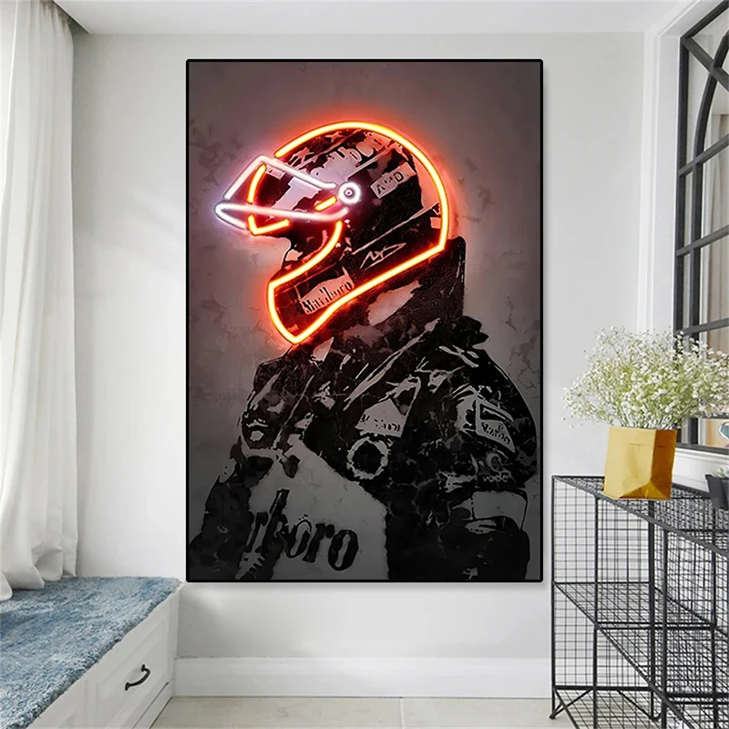 Vintage Helmet Man Art Poster Neon Racing Suit Print Modern Graffiti Wall Art Canvas Painting Picture Bedroom Living Room Decor