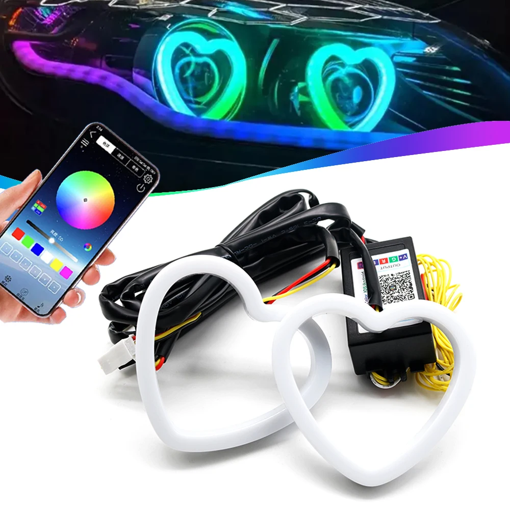 

2PCS Car Angel Eyes RGB Cotton Halo Rings 12V Led Headlight DRL Motorcycle Moto Angel Eye Heart Shaped with Amber Turning Light