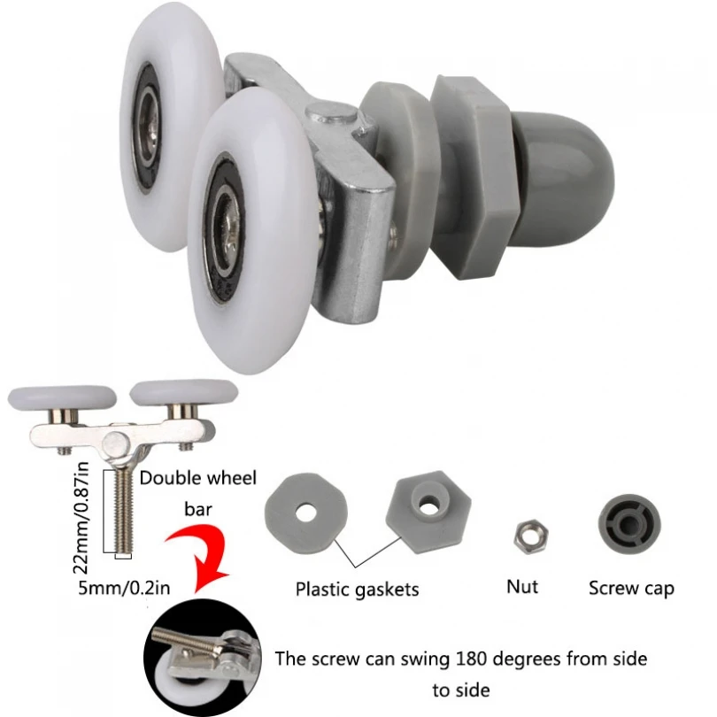 1 Piece Runner Wheels 19 / 23 / 25 / 27mm Twin Wheels Shower Door Roller for Shower Room / Glass Door with 180 Degree Swing