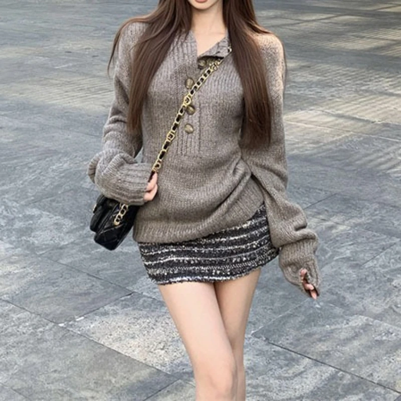 

Pure Design Black Long-sleeved Knitted Top Women's 2025 New Pre-autumn Striped Skirt Short Skirt Set