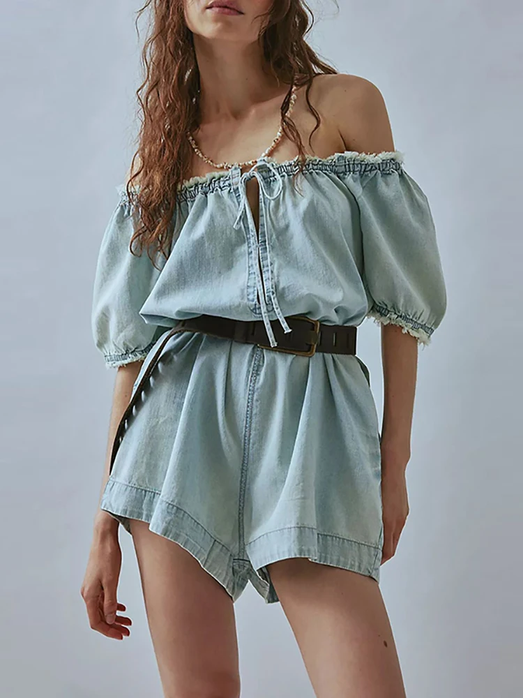 

Unique Solid Color Lace Up Mini Jumpsuit Elegant Square Neck Denim Beach Vacation Playsuit Casual Fringed Bubble Sleeve Bodysuit