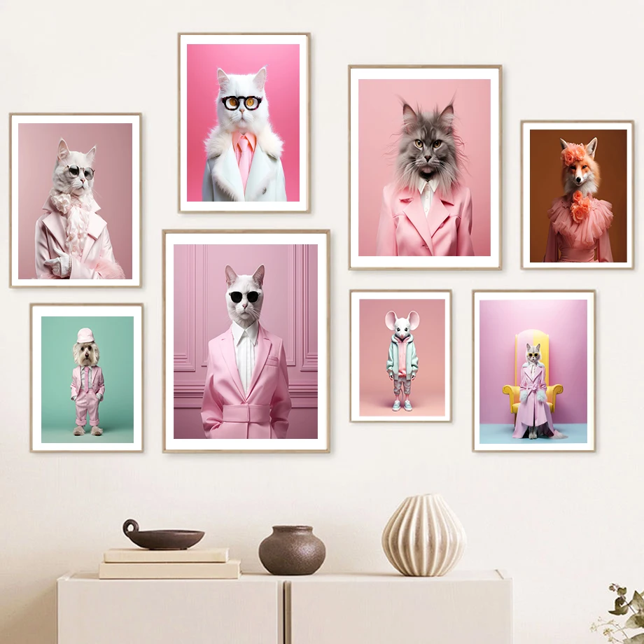 

Fashion Show Puppy Portrait Portrait Of Miss Cat Panda In A dress Cute Mouse Wall Art Canvas Painting Nordic Poster Decor