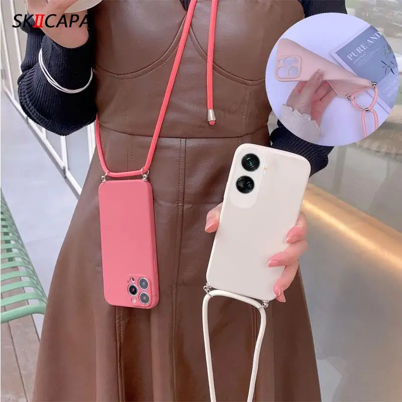 Pour Honor 90 Pro couleur Pure Silicone souple lanière étui pour Honor 90 80 SE 70 Lite 60 50 Pro bandoulière collier cordon chaîne couverture