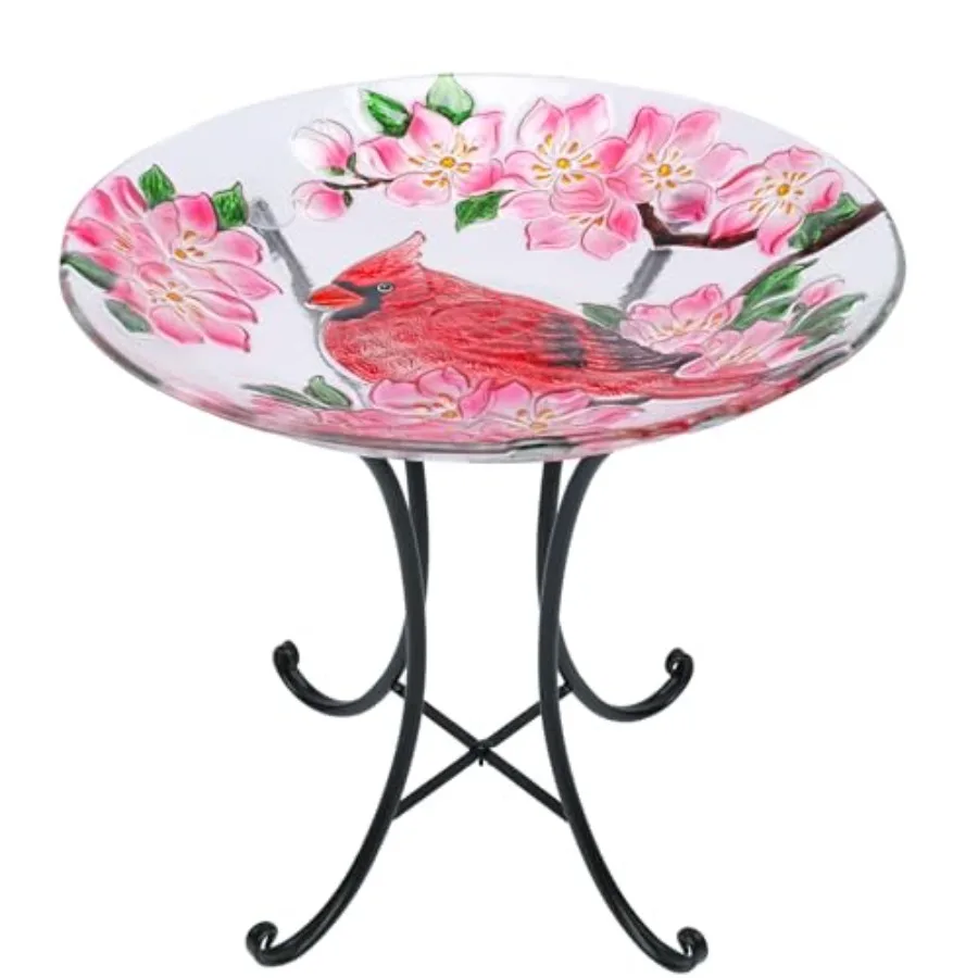 

Outdoor Glass Birdbath with Metal Stand for Outside Lawn Yard Garden Decor, 18" Dia/21.65 Height