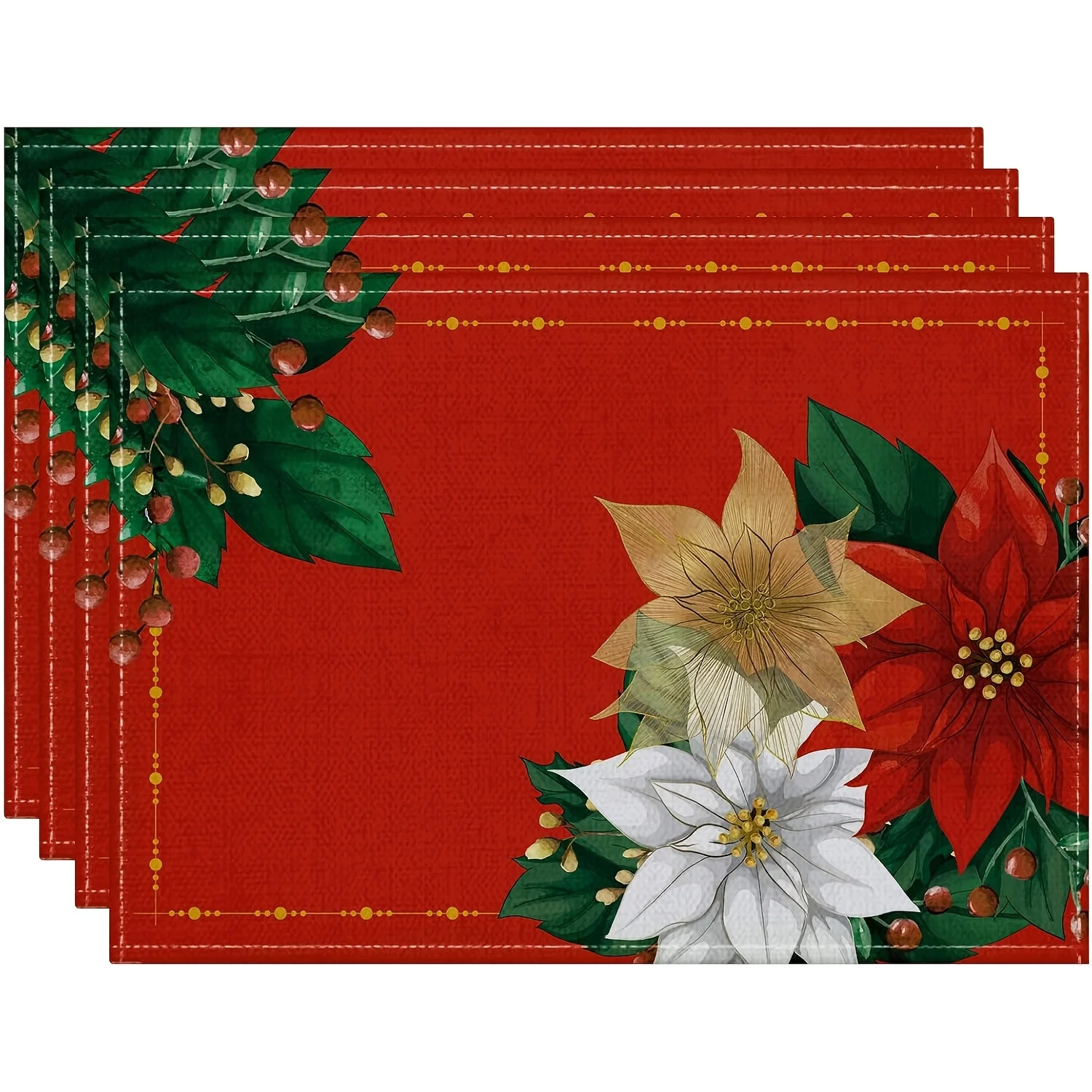 Red Poinsettia Christmas Placemats Table Ideal Kitchen Brunch Dining Room Holiday Banquets Family Festive Meals Table Gift