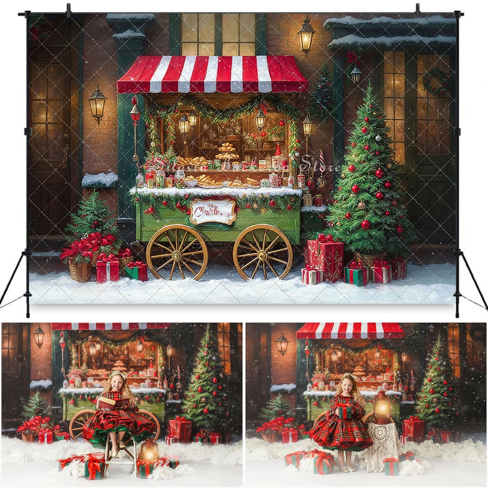 

Mrs Claus Candy Station Photography Backdrop Kids Family Photocall Child Baby Photocall Decors Snowy Xmas Trees Backgrounds