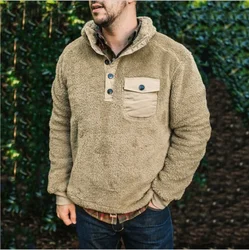 Suéter de malha manga comprida masculino, pulôver, jumper monocromático, casacos casuais, roupas engrossadas, moletons quentes, botão de bolso, inverno