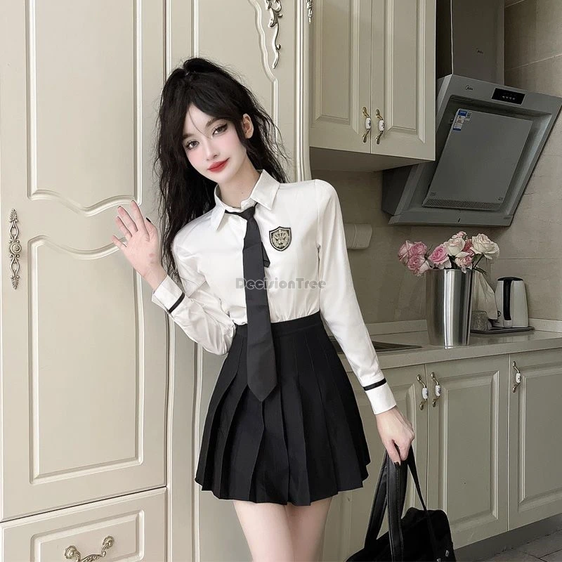 2024 improved daily jk uniform summer new white short/long sleeve shirt + pleated skirt jk uniform two-piece set for women w237