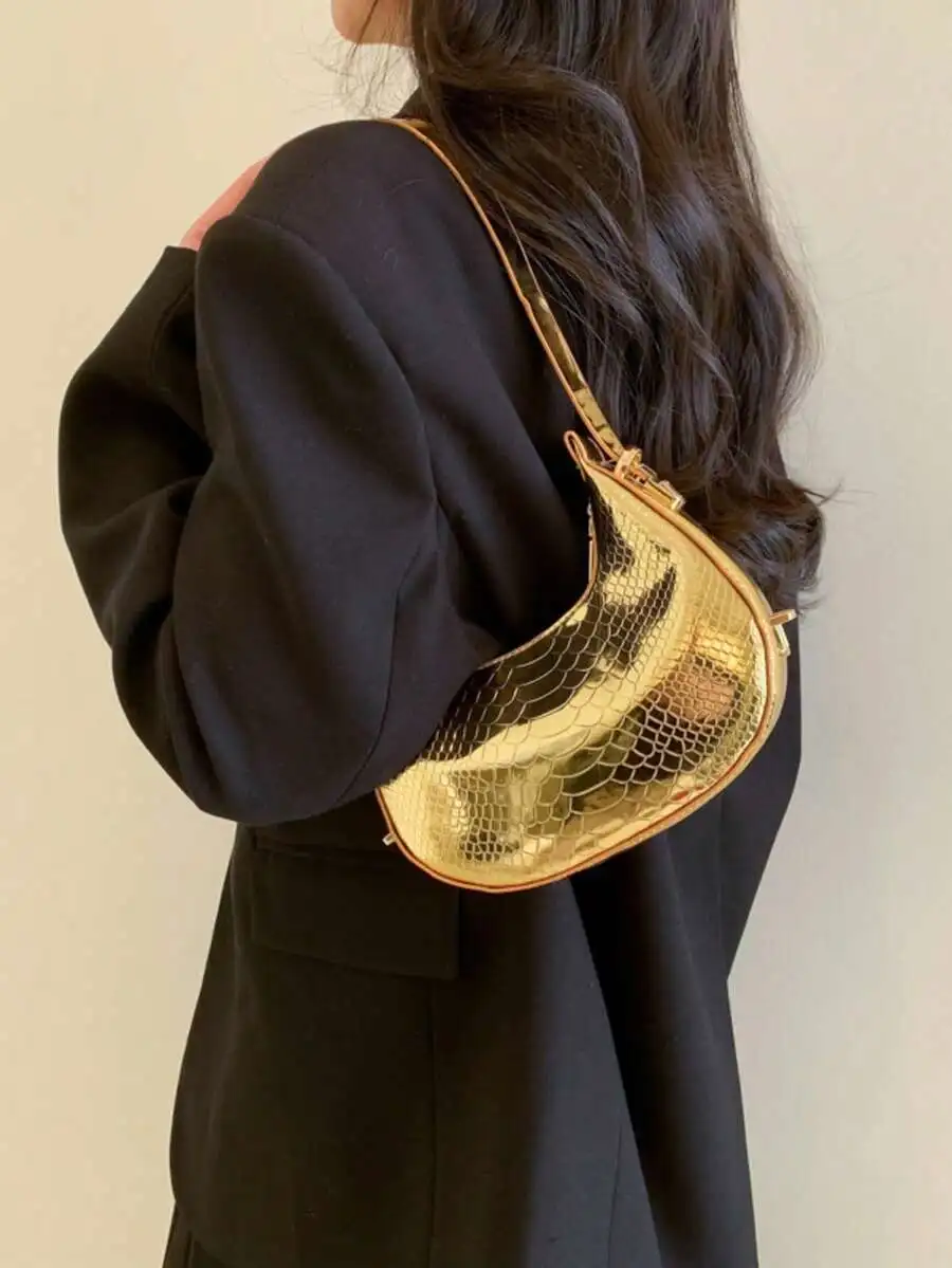 

Metallic Snakeskin Embossed Saddle Bag Solid Color Shoulder Bag For Women