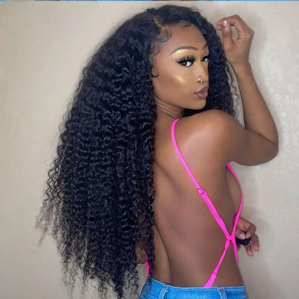 Natural Black Glueless 180Density 26Inch Long Soft Kinky Curly Lace Front Wig For Black Women With Baby Hair Preplucked Daily