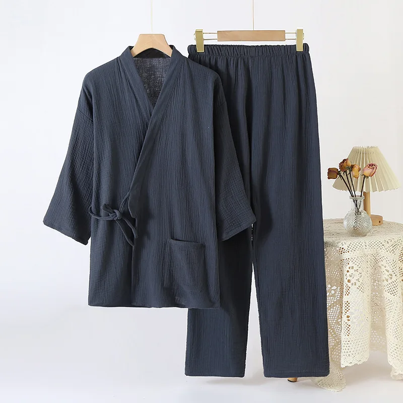 زوجين كيمونو الجلباب مع السراويل الطويلة 2 قطعة منامة مجموعة القطن سبعة أرباع كم السراويل الطويلة ملابس المنزل ملابس فضفاضة المناسب