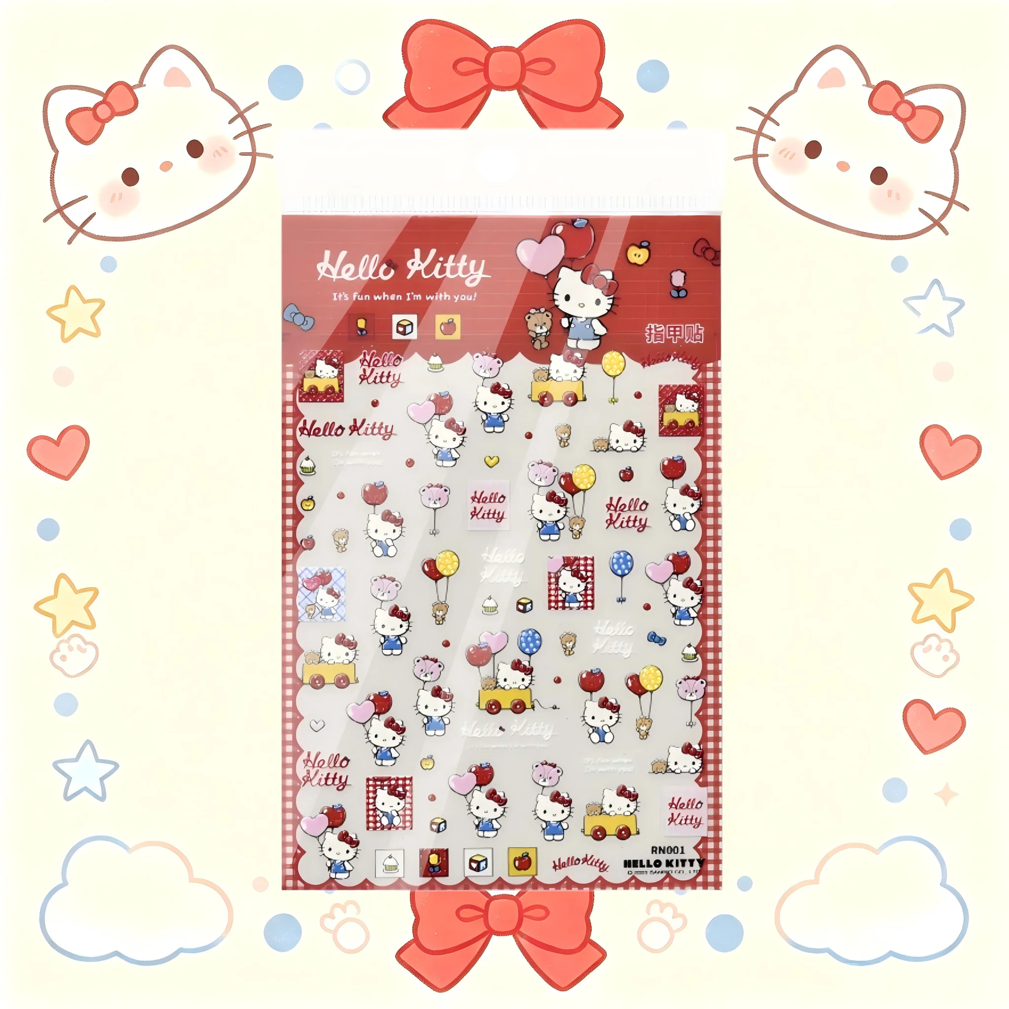 1PCS 5D Hello Kitty Nail Stickers Cute Cartoon Sanrio Self-Adhesive Press On Nails For Girls Kids Manicure Decoration Stickers