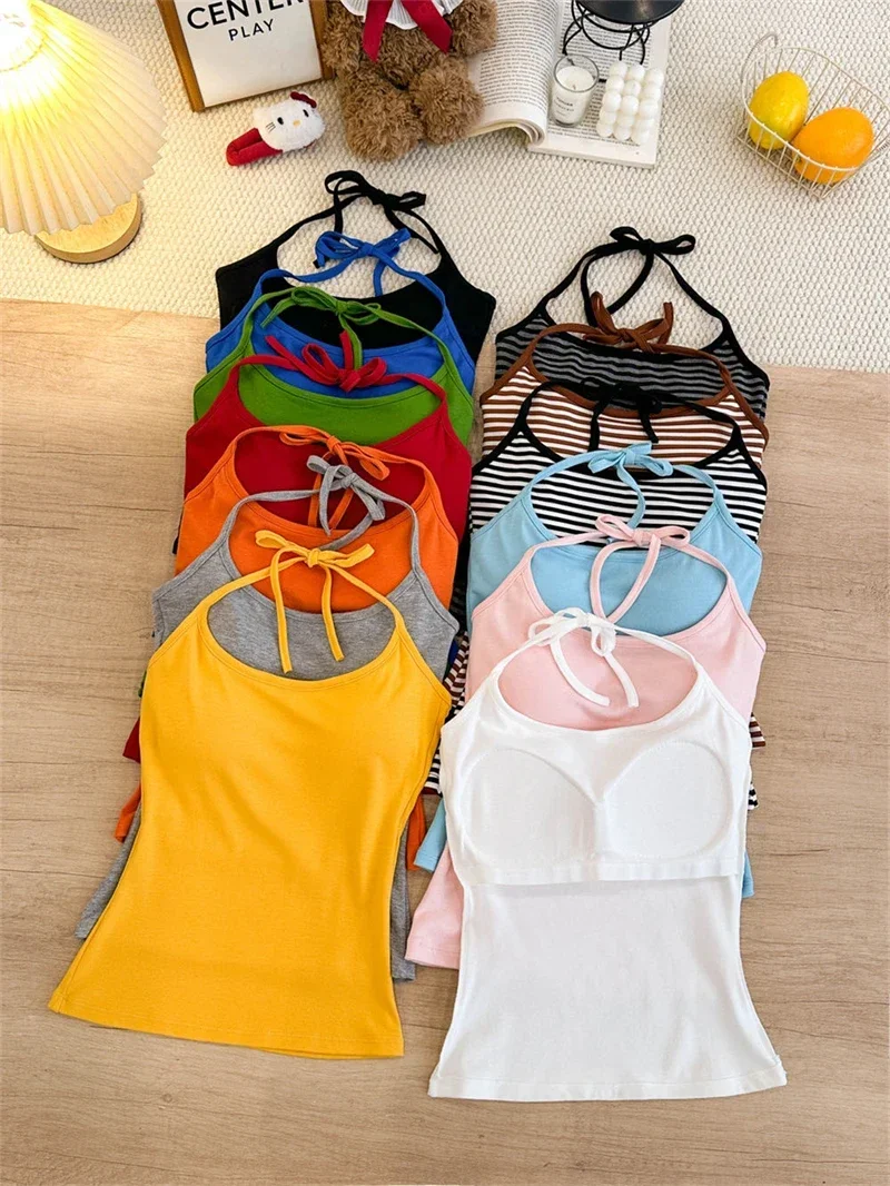 Koreanischer Stil Mehrfarbiges Crop-Top mit Bindeband und integriertem BH-Pad – Sexy, eng anliegendes Tanktop für Damen – Detail 5