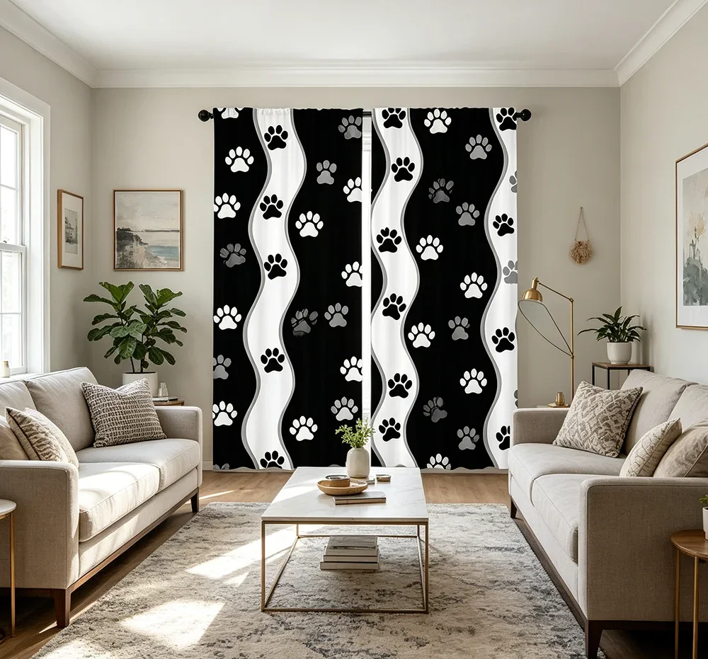 2PCS Digital Printed Curtains with Wave Paw Prints Design, Stylish Window Drapes for Living Room Bedroom Home Decoration
