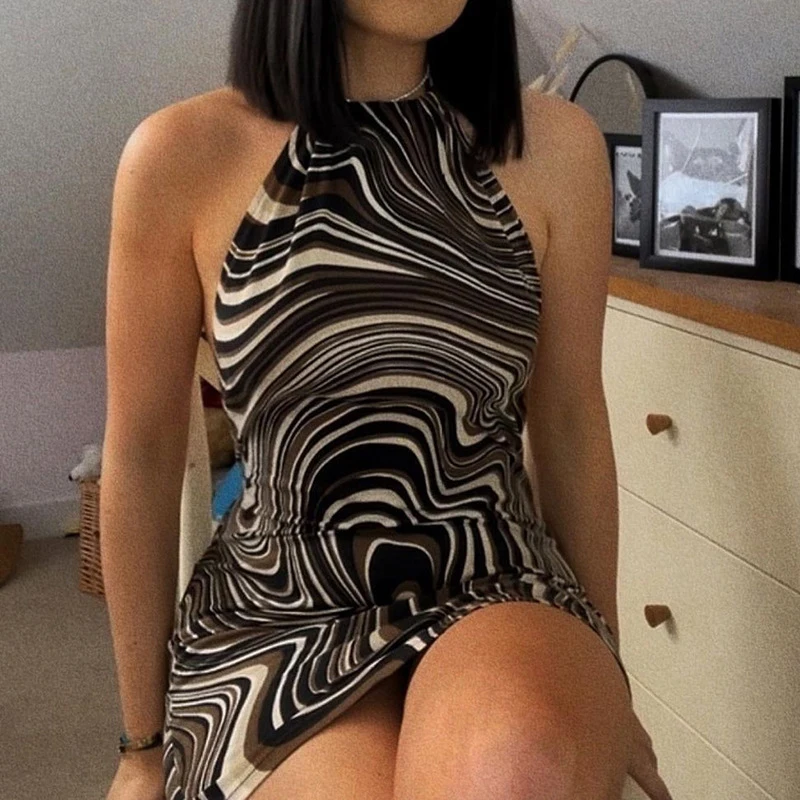 New Sexy Clothes Women Cross Bandage Halter Mini Robe Summer Fashion Club Snake Print Dress Sleeveless Backless Bodycon Dress