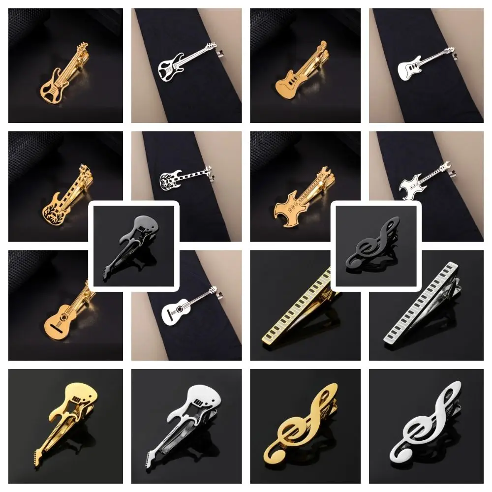 Creative Treble Clef Guitar Tie Clip Instrument Titanium Steel Music Note Tie Pin Punk Hip Hop Piano Necktie Buckle Men