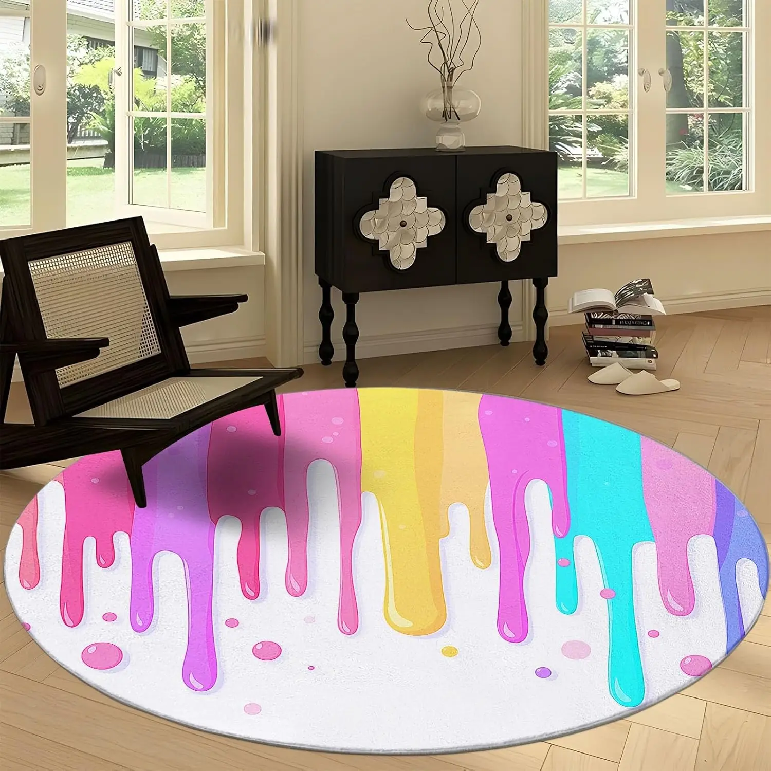 

Cartoon Paint Stripes Round Rug for Bedroom Living Room,Minimal Design Washable Non-Slip Circle Runner,Floor Carpet Mats Modern