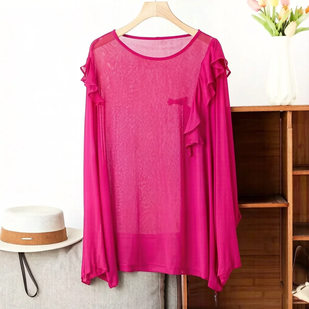 Blusa de encaje vintage con volantes de talla grande, blusa blanca de gasa de manga larga, top holgado elegante, camisa roja para mujer, primavera, 5XL