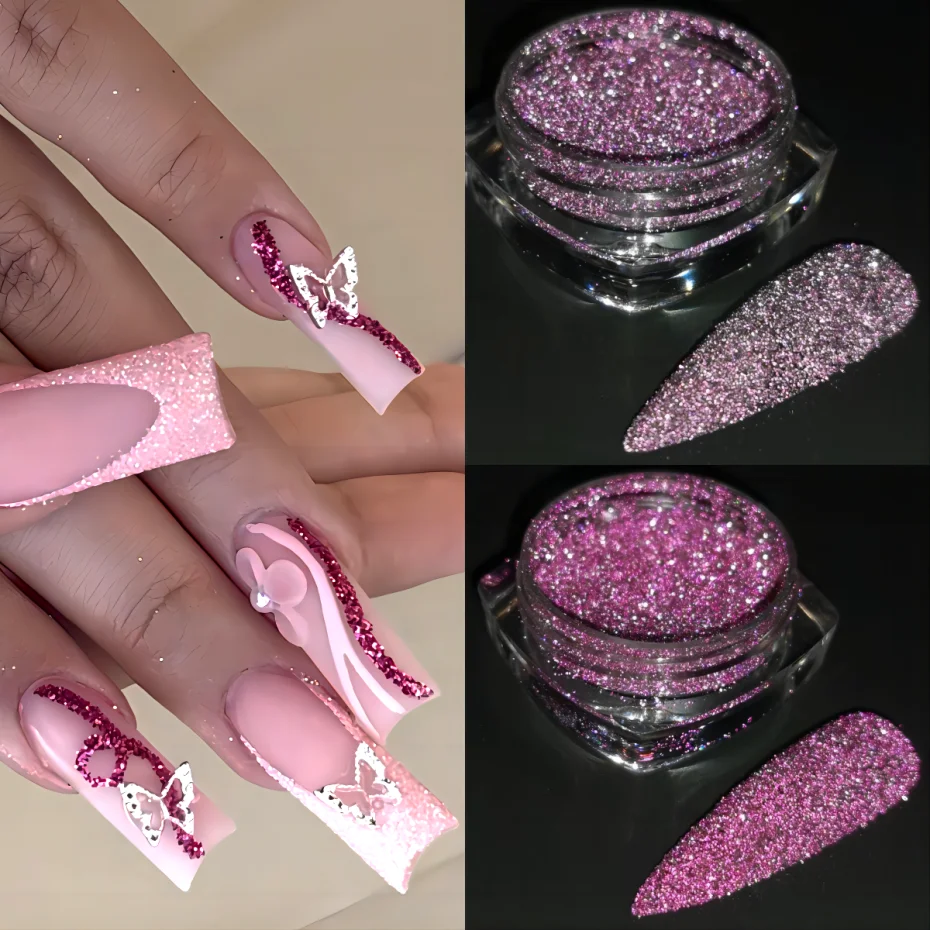 Reflective Glitter Powder Set 4pcs Glitter Crushed Diamonds Powders Pink Silver Holographic Sparkle Pigment Nail Material LEXSZ