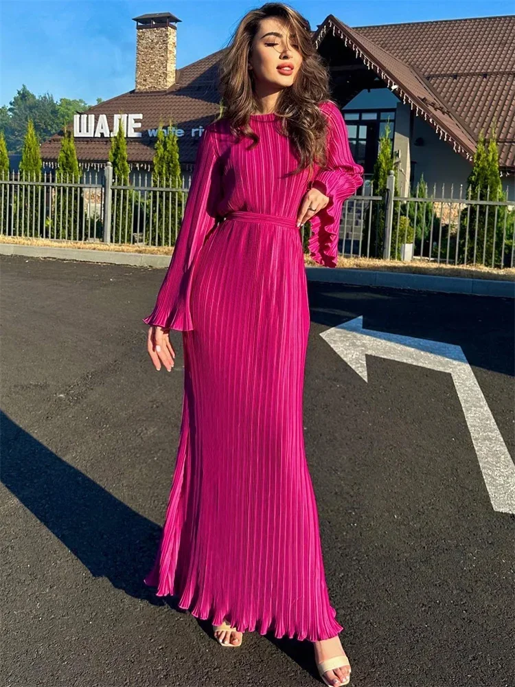 Ruffled Lace-Up Ribbed Maxi Dress For Women Long Sleeve Fashion High Waist Elegant Party Dress Autumn Bandage Ladies Dress