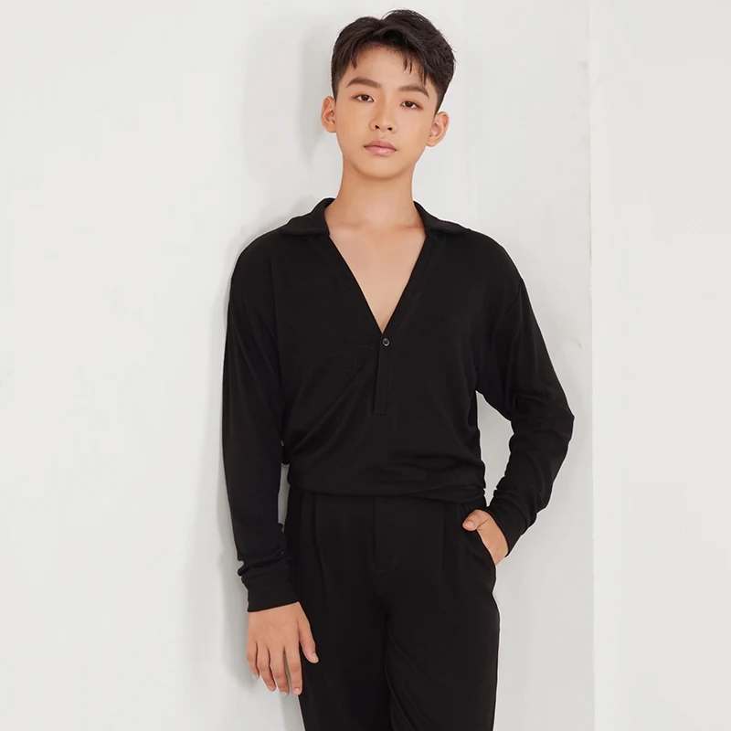 4 Colors Boys Latin Dance Tops Long Sleeves Deep Neck Black Tops Male Cha Cha Rumba Dance Clothes Performance Clothing DNV21759