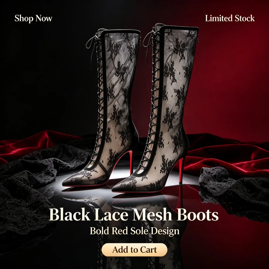 Sexy Mesh Pointed Toe Openwork Knee-High Boots Black Elegant Style Rhinestone Hot Stamping Shoes Sexy Strappy Lace Pattern Boot