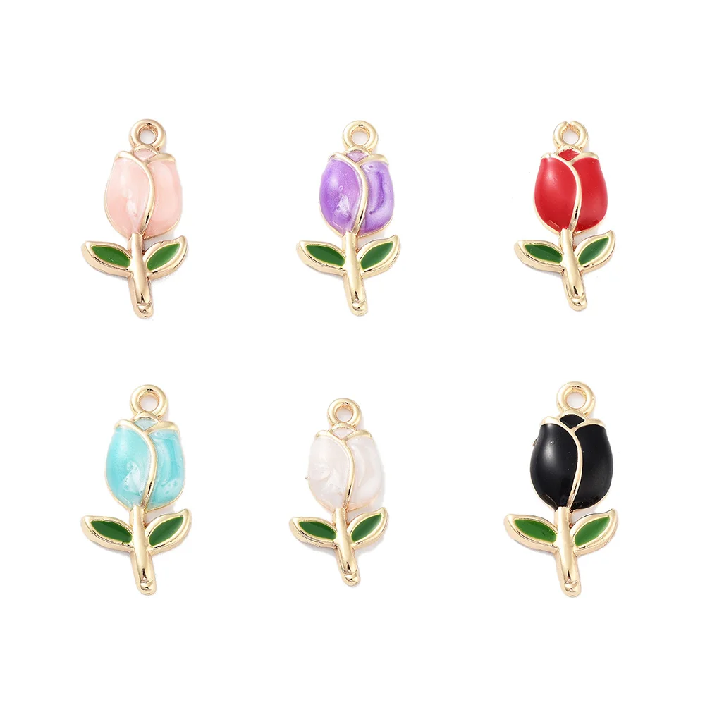 50pcs Tulip Enamel Pendants Golden Plated Colorful Flowers Charms for Earring Necklace DIY Jewelry Making Supplies 22x11x3mm