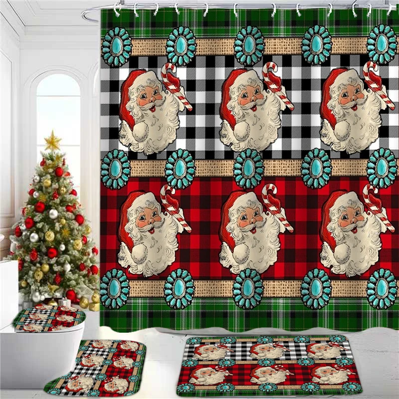 

Christmas Shower Curtain Animal Bath Sets Waterproof Non-Slip Bathroom Rug Toilet U With 12 Hooks Home Deco